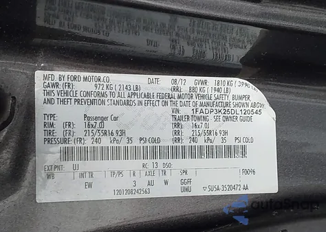 2013 Ford Focus Se из США, поврежденный, VIN 1FADP3K25DL120545